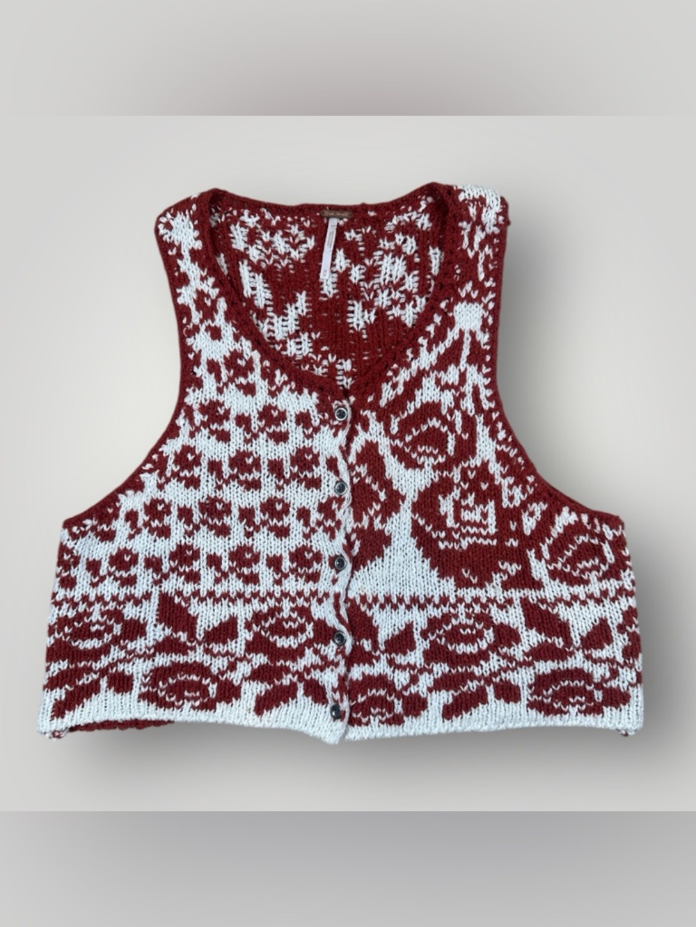 Free People Chunky Knit Sweater Vest Red & Cream Fair Isle Boho Size M